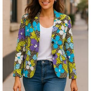 JONI B Green and Blue Print Lightweight Cotton Blazer - Size XL